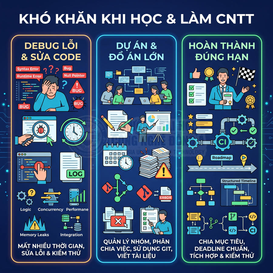 Khó khăn khi học và làm CNTT với debug lỗi, làm dự án lớn, quản lý deadline và hoàn thành đúng hạn