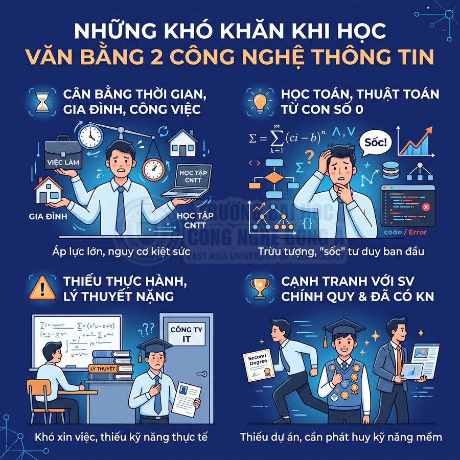 Infographic những khó khăn khi học văn bằng 2 công nghệ thông tin như cân bằng thời gian, thiếu thực hành, cạnh tranh việc làm