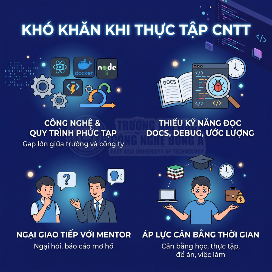 Các khó khăn khi thực tập CNTT như công nghệ phức tạp, thiếu kỹ năng đọc docs, giao tiếp mentor và áp lực thời gian