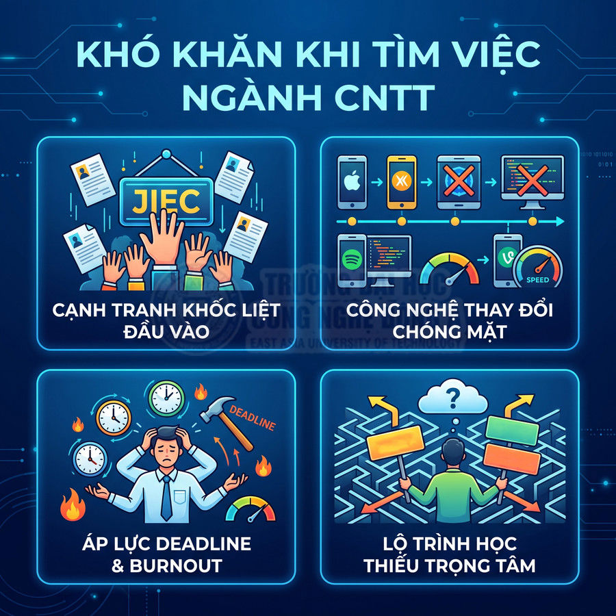 Minh họa các khó khăn khi tìm việc ngành CNTT như cạnh tranh, công nghệ thay đổi, áp lực deadline và lộ trình học mơ hồ