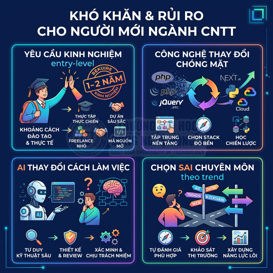 Infographic khó khăn và rủi ro cho người mới ngành CNTT như yêu cầu kinh nghiệm, công nghệ đổi nhanh, AI và chọn sai chuyên môn
