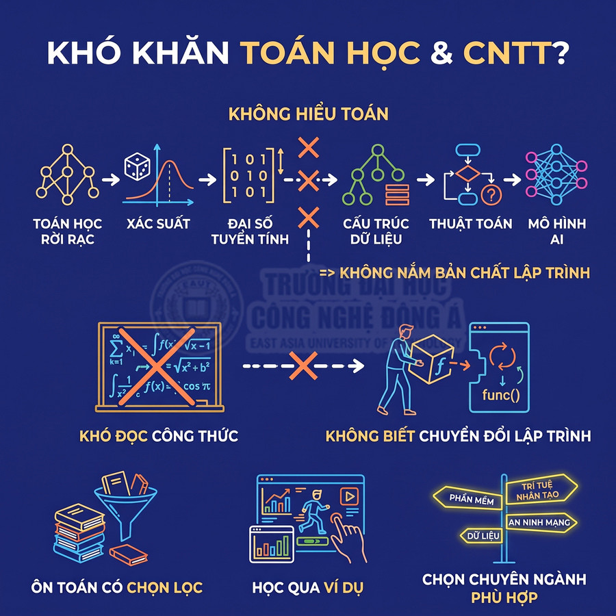 Infographic khó khăn toán học và CNTT, nhấn mạnh vai trò toán trong cấu trúc dữ liệu, thuật toán và mô hình AI