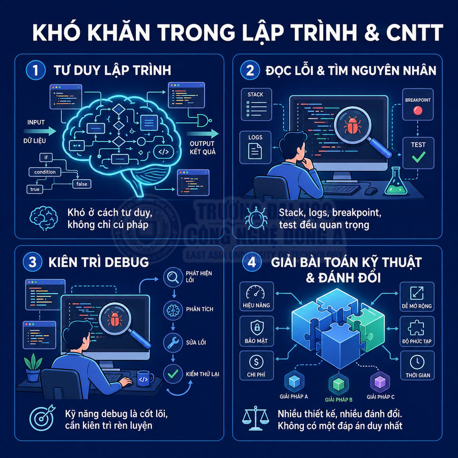 Khó khăn trong lập trình và CNTT với tư duy lập trình, đọc lỗi, debug và giải bài toán kỹ thuật