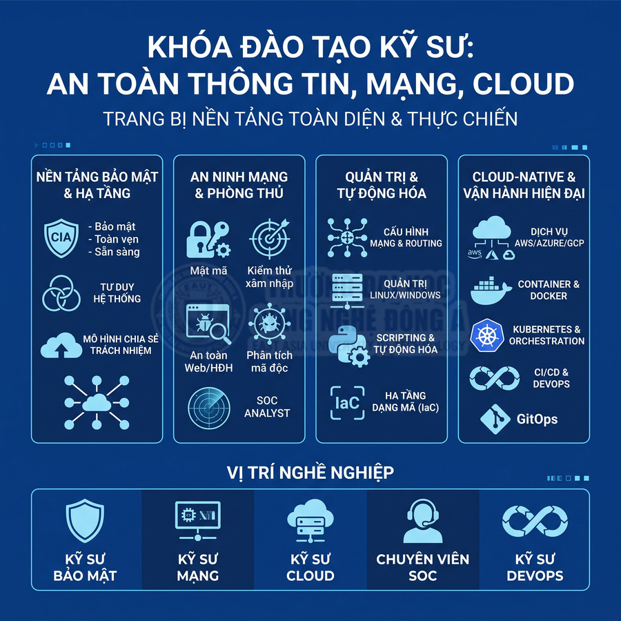 Khóa đào tạo kỹ sư an toàn thông tin, mạng, cloud với lộ trình bảo mật, quản trị hệ thống và DevOps