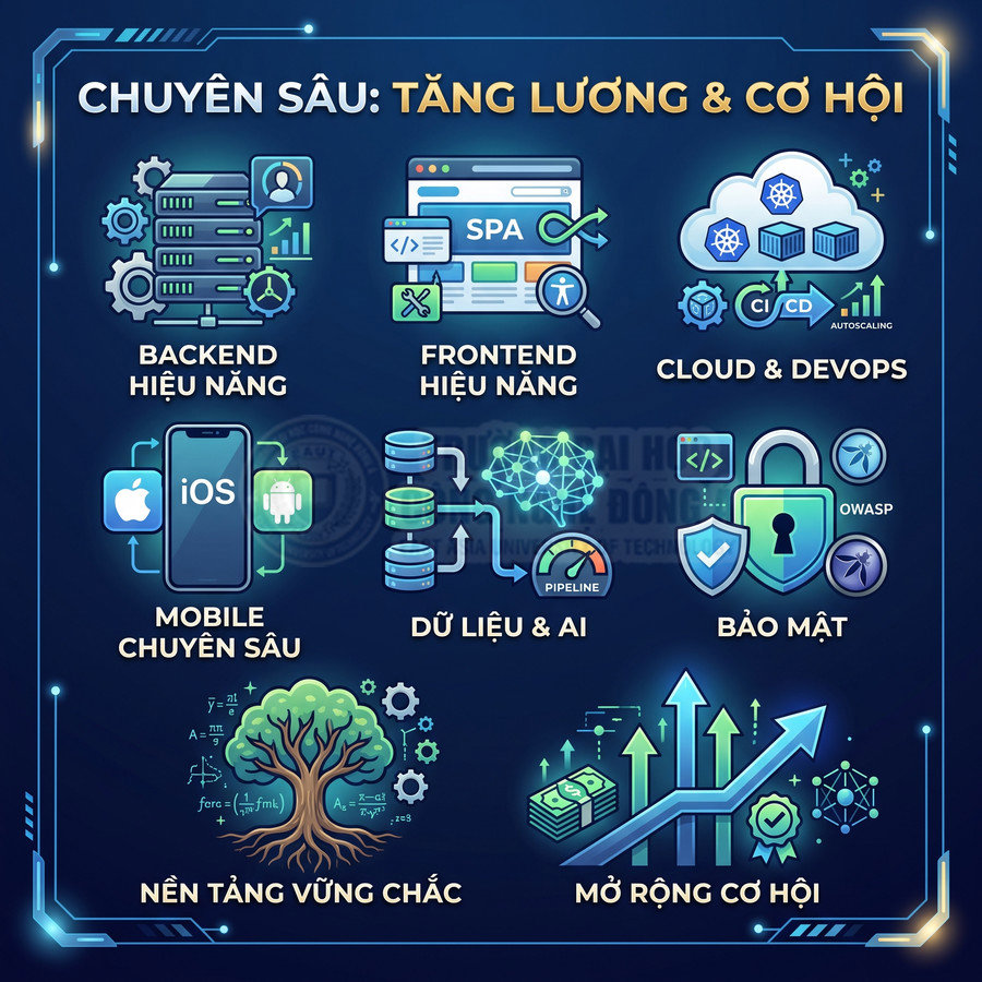 Poster khóa học lập trình chuyên sâu về backend, frontend, mobile iOS Android, cloud DevOps, dữ liệu AI và bảo mật