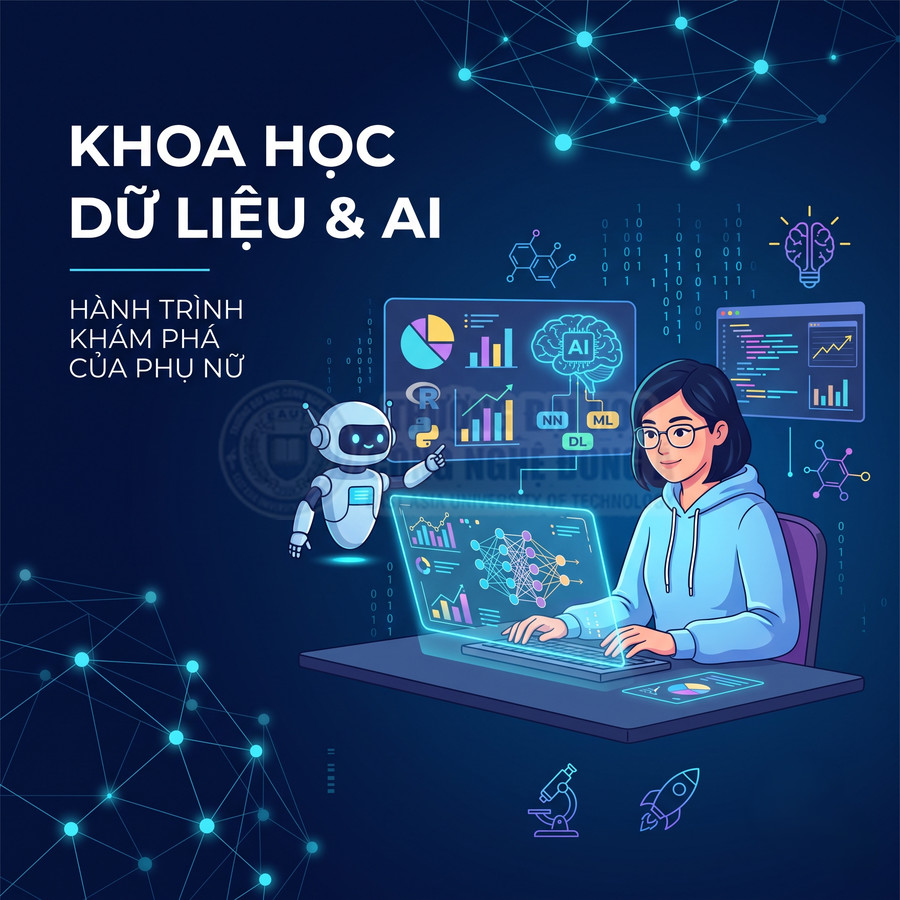 Nữ lập trình viên làm việc với laptop và robot AI, phân tích biểu đồ khoa học dữ liệu trong không gian công nghệ số
