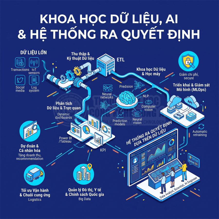 Sơ đồ quy trình khoa học dữ liệu và AI ứng dụng vào hệ thống ra quyết định dựa trên dữ liệu
