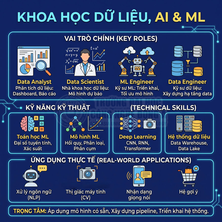 Infographic giới thiệu khoa học dữ liệu, AI, ML với vai trò, kỹ năng kỹ thuật và ứng dụng thực tế