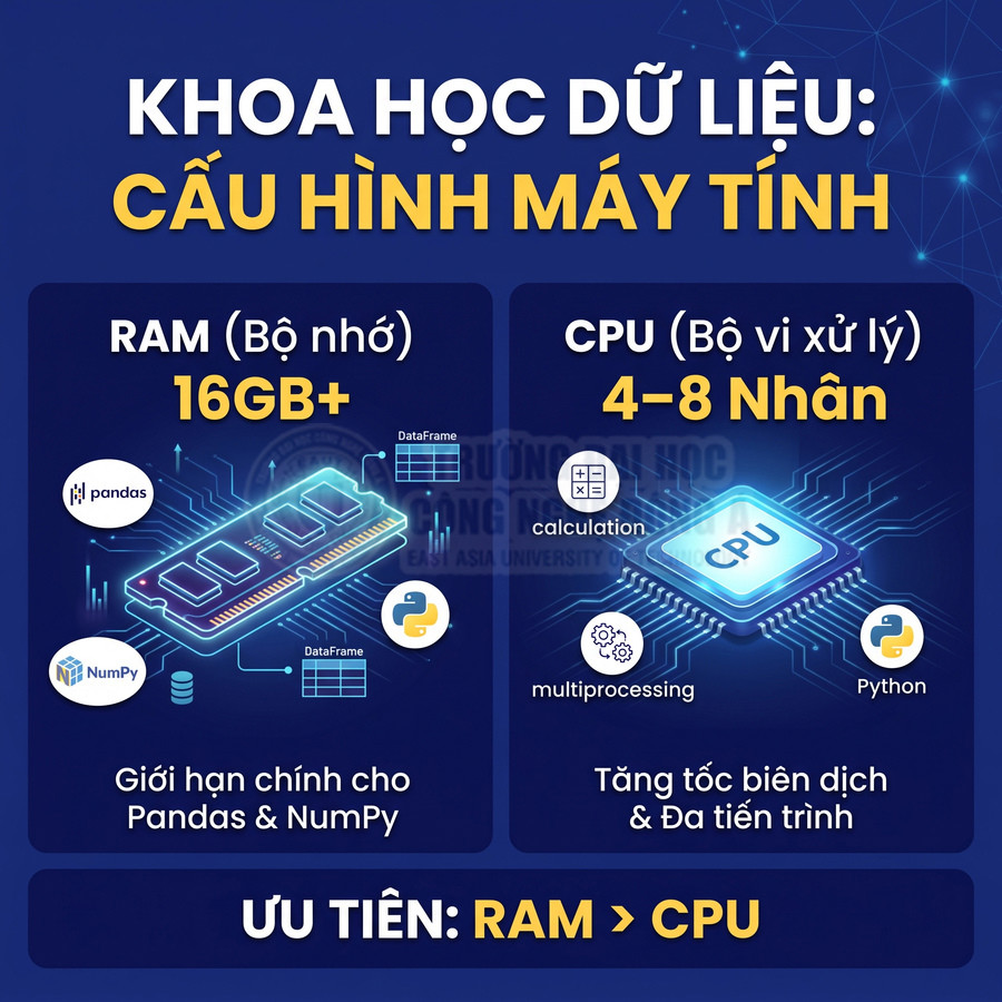 Cấu hình máy tính cho khoa học dữ liệu với RAM từ 16GB và CPU 4 đến 8 nhân, ưu tiên nâng cấp RAM