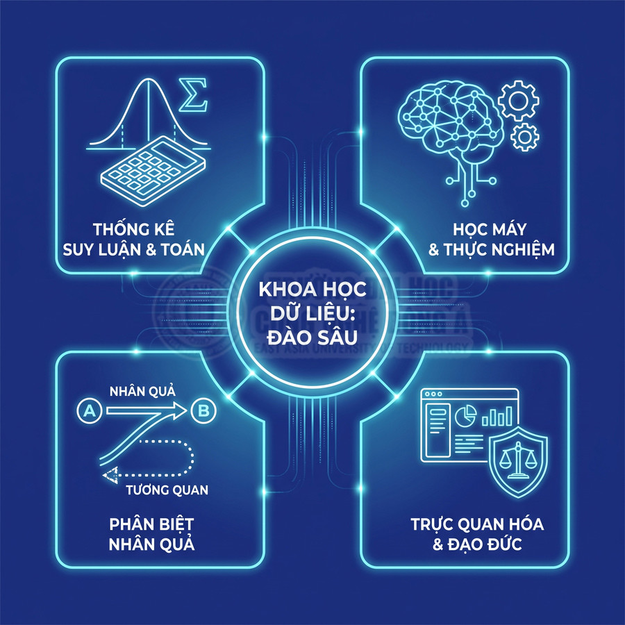 Đồ họa về khoa học dữ liệu và đào sâu, minh họa thống kê, học máy, phân biệt nhân quả và trực quan hóa dữ liệu an toàn, có đạo đức