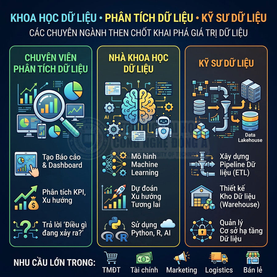 So sánh vai trò chuyên viên phân tích dữ liệu, nhà khoa học dữ liệu và kỹ sư dữ liệu cùng kỹ năng, nhiệm vụ chính