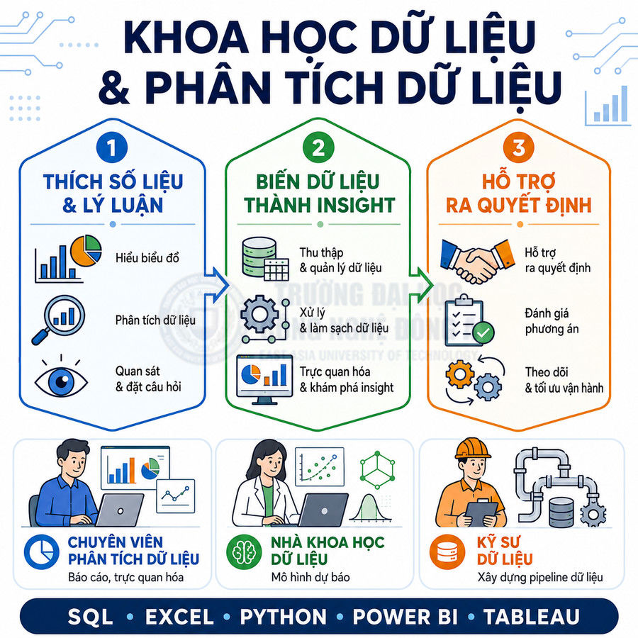 Infographic giới thiệu khoa học dữ liệu và phân tích dữ liệu, mô tả quy trình, nghề nghiệp và kỹ năng SQL Excel Python Power BI Tableau