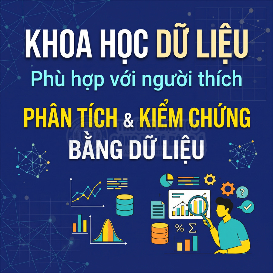 Khóa học dữ liệu dành cho người yêu thích phân tích và kiểm chứng bằng dữ liệu, minh họa với biểu đồ và nhân vật cầm kính lúp