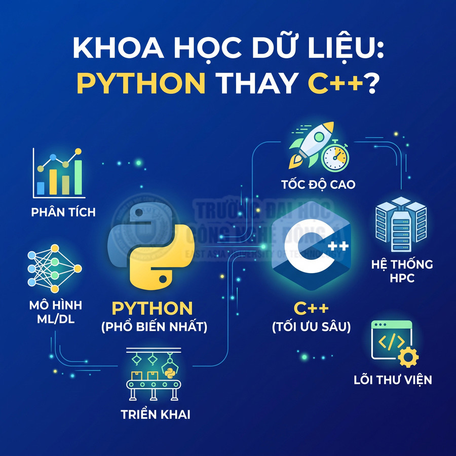 So sánh Python và C++ trong khoa học dữ liệu với các ưu điểm về phân tích, mô hình ML, tốc độ và hệ thống HPC