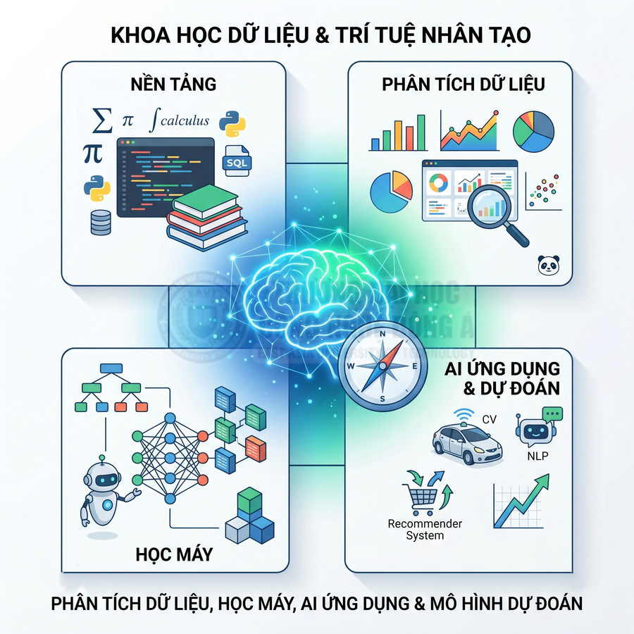 Minh họa tổng quan khoa học dữ liệu và trí tuệ nhân tạo với nền tảng, phân tích dữ liệu, học máy và ứng dụng AI