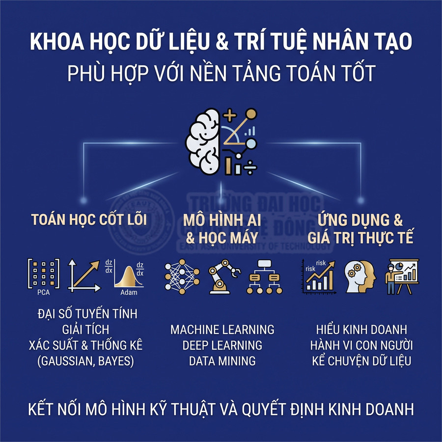 Poster giới thiệu ngành khoa học dữ liệu và trí tuệ nhân tạo với nền tảng toán học, mô hình AI và ứng dụng kinh doanh