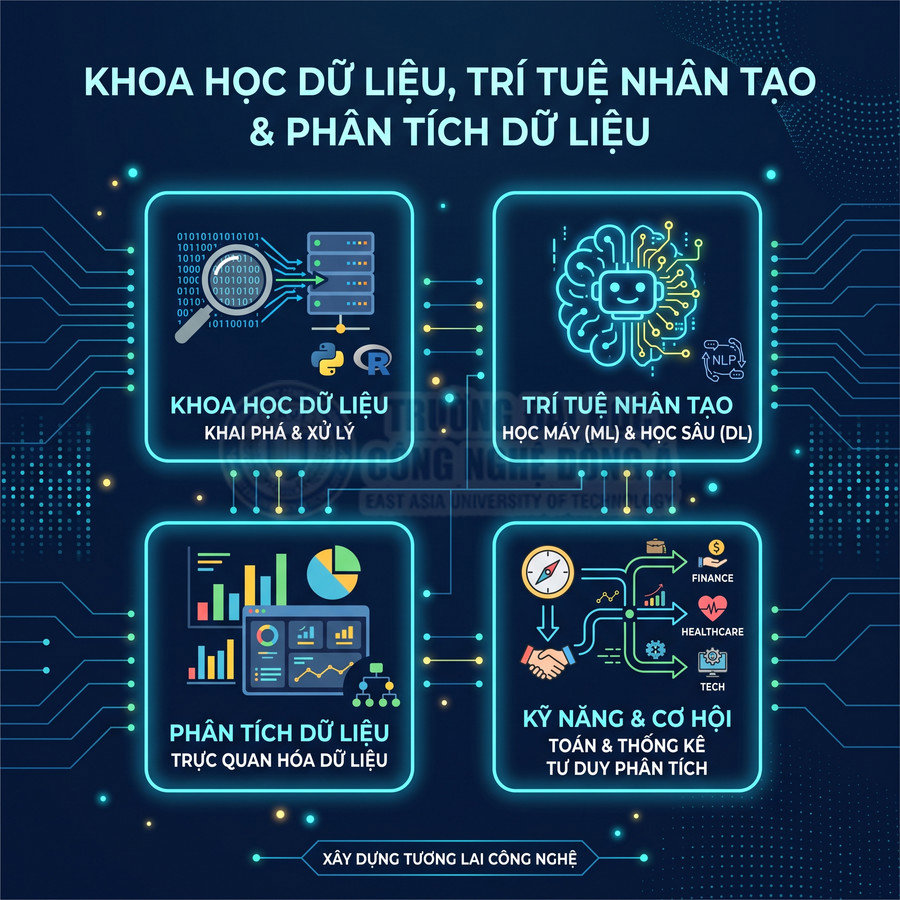 Poster giới thiệu ngành khoa học dữ liệu, trí tuệ nhân tạo và phân tích dữ liệu với các kỹ năng và cơ hội nghề nghiệp