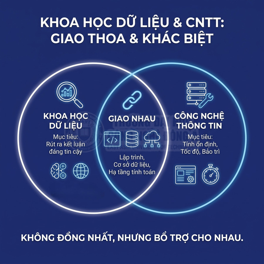 Sơ đồ so sánh khoa học dữ liệu và công nghệ thông tin, nêu điểm giao thoa và khác biệt giữa hai lĩnh vực