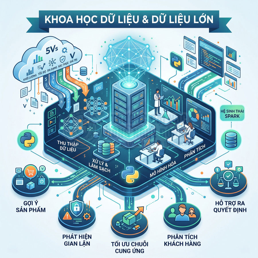 Minh họa quy trình khoa học dữ liệu và dữ liệu lớn từ thu thập, xử lý đến phân tích và ứng dụng doanh nghiệp