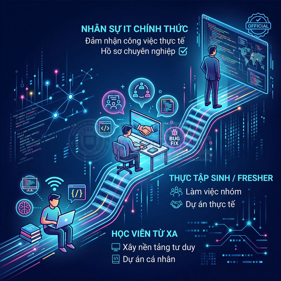 Lộ trình học lập trình từ học viên từ xa đến thực tập sinh và nhân sự IT chính thức với dự án thực tế