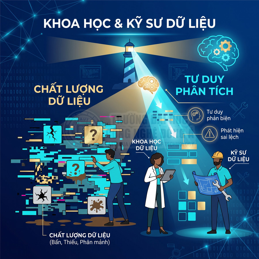 Minh họa khoa học dữ liệu và kỹ sư dữ liệu với chất lượng dữ liệu và tư duy phân tích