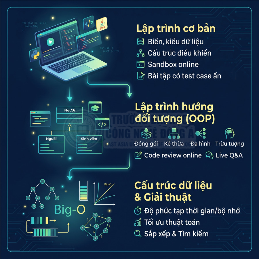 Poster khóa học lập trình cơ bản, OOP, cấu trúc dữ liệu và giải thuật với minh họa laptop và sơ đồ thuật toán