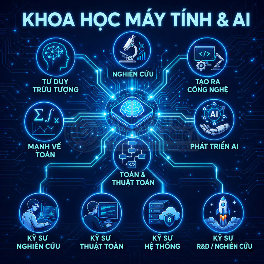 Minh họa khoa học máy tính và AI với bộ não trung tâm, các biểu tượng nghiên cứu, lập trình, kỹ sư và phát triển công nghệ