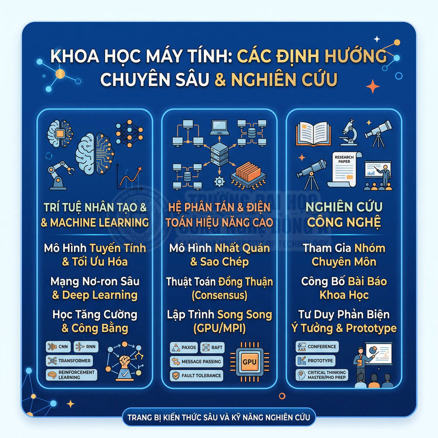 Infographic định hướng chuyên sâu khoa học máy tính về AI, machine learning, hệ phân tán và nghiên cứu công nghệ