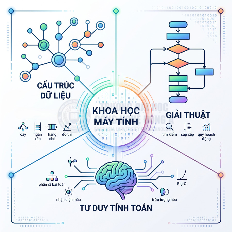 Minh họa khoa học máy tính với cấu trúc dữ liệu, giải thuật và tư duy tính toán bằng icon và sơ đồ trực quan
