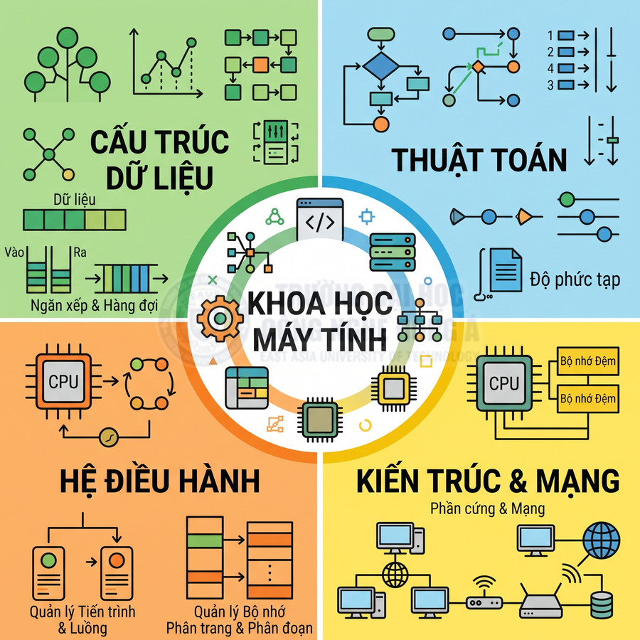 Tổng quan các lĩnh vực khoa học máy tính gồm cấu trúc dữ liệu, thuật toán, hệ điều hành, kiến trúc và mạng