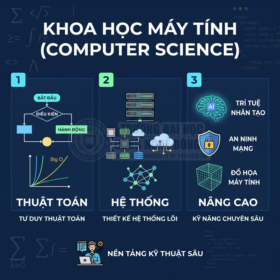 Infographic giới thiệu ngành khoa học máy tính với các mảng thuật toán, hệ thống, AI, an ninh mạng, đồ họa máy tính