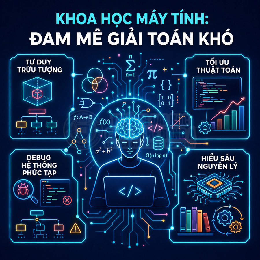 Minh họa khoa học máy tính với lập trình viên ngồi trước laptop, xung quanh là biểu tượng thuật toán và tư duy giải toán khó