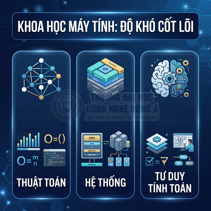 Infographic khoa học máy tính với ba mảng chính thuật toán, hệ thống và tư duy tính toán