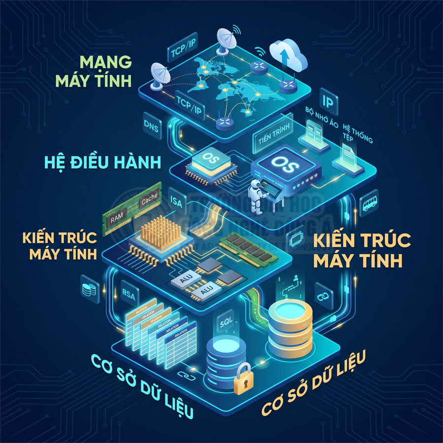 Minh họa các thành phần mạng máy tính, hệ điều hành, kiến trúc máy tính và cơ sở dữ liệu trong lĩnh vực công nghệ thông tin