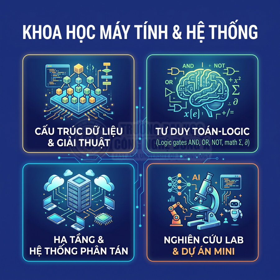 Poster giới thiệu chuyên ngành khoa học máy tính và hệ thống với bốn mảng học: cấu trúc dữ liệu, logic, hạ tầng, nghiên cứu