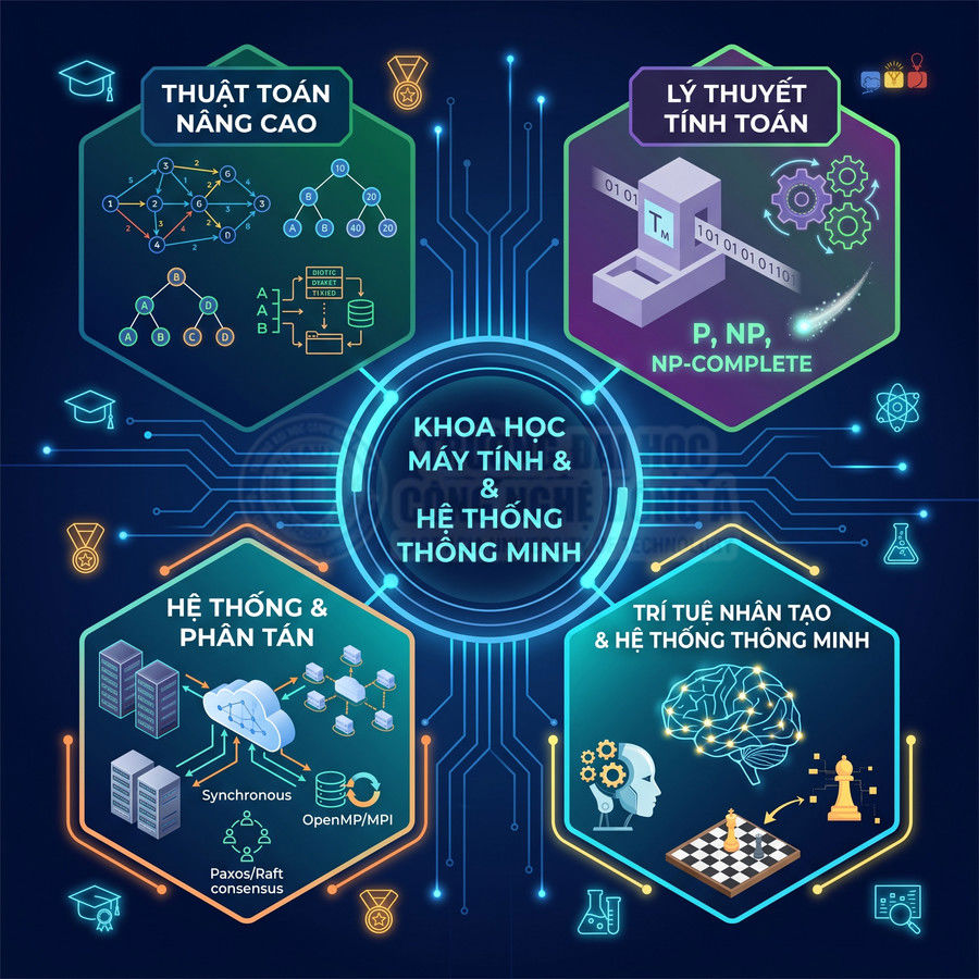 Infographic giới thiệu ngành khoa học máy tính và hệ thống thông minh với thuật toán, AI, hệ thống phân tán, lý thuyết tính toán