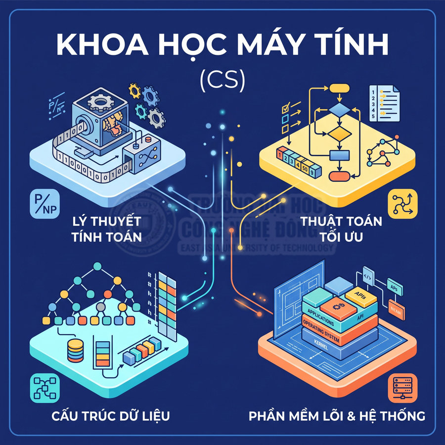 Minh họa các mảng chính của ngành khoa học máy tính gồm lý thuyết tính toán, thuật toán, cấu trúc dữ liệu và phần mềm hệ thống
