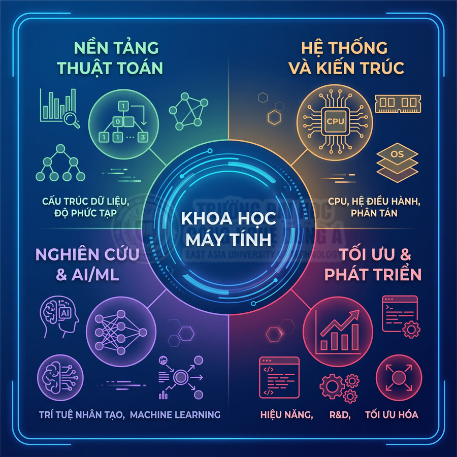 Infographic giới thiệu ngành khoa học máy tính với các mảng thuật toán, hệ thống, AI, tối ưu và phát triển phần mềm