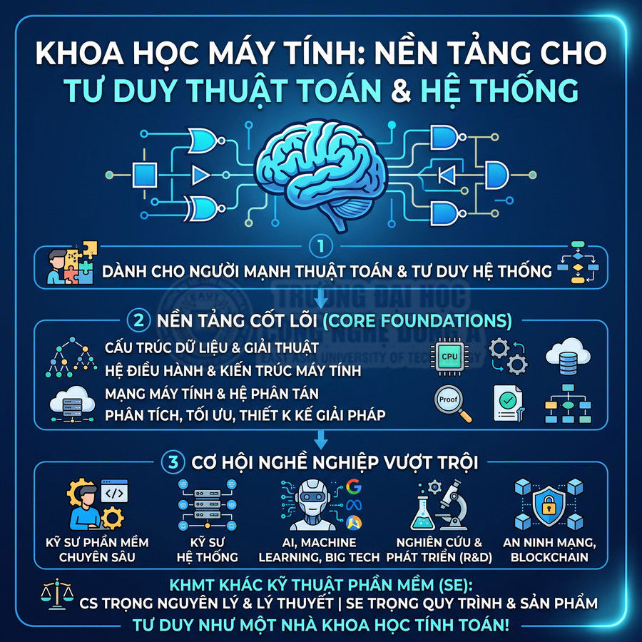 Infographic giới thiệu ngành khoa học máy tính, nền tảng cho tư duy thuật toán, hệ thống và cơ hội nghề nghiệp AI, an ninh mạng