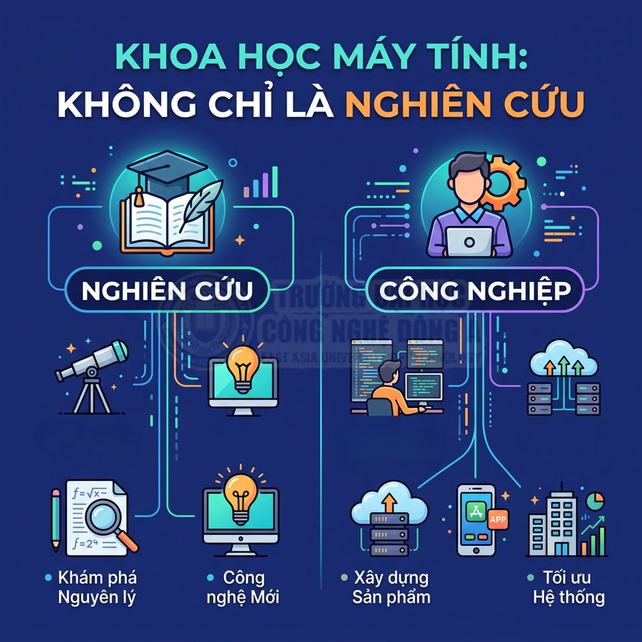 Khoa học máy tính với hai hướng nghiên cứu và công nghiệp, minh họa khám phá nguyên lý, công nghệ mới, xây dựng sản phẩm, tối ưu hệ thống