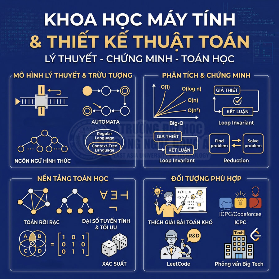 Poster giới thiệu môn khoa học máy tính và thiết kế thuật toán với các chủ đề mô hình, phân tích, nền tảng toán học