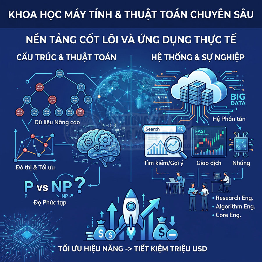 Minh họa khoa học máy tính và thuật toán chuyên sâu, ứng dụng big data, hệ phân tán, tối ưu hiệu năng và sự nghiệp IT