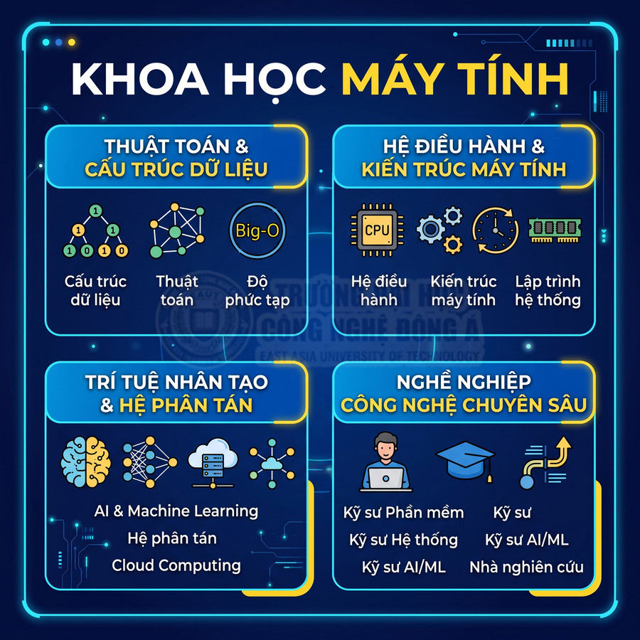 Các lĩnh vực trong ngành khoa học máy tính gồm thuật toán, AI, hệ điều hành, kiến trúc máy tính và nghề nghiệp chuyên sâu