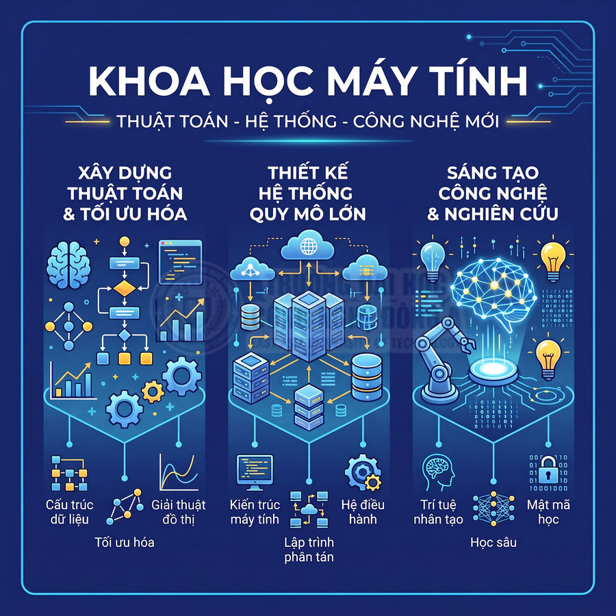 Minh họa các lĩnh vực khoa học máy tính như thuật toán, hệ thống quy mô lớn, trí tuệ nhân tạo và nghiên cứu công nghệ mới