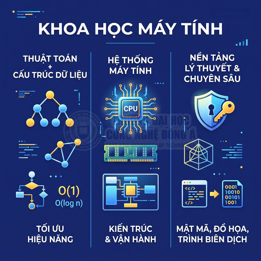 Minh họa các mảng kiến thức ngành khoa học máy tính như thuật toán, hệ thống máy tính, mật mã và đồ họa