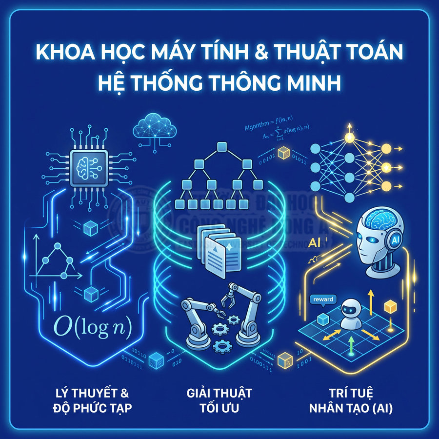 Poster giới thiệu ngành khoa học máy tính, thuật toán, trí tuệ nhân tạo với minh họa chip, mạng nơ ron và robot