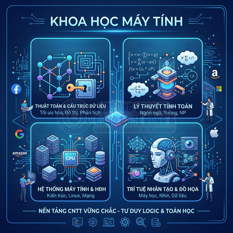 Minh họa các lĩnh vực khoa học máy tính gồm thuật toán, hệ điều hành, lý thuyết tính toán và trí tuệ nhân tạo