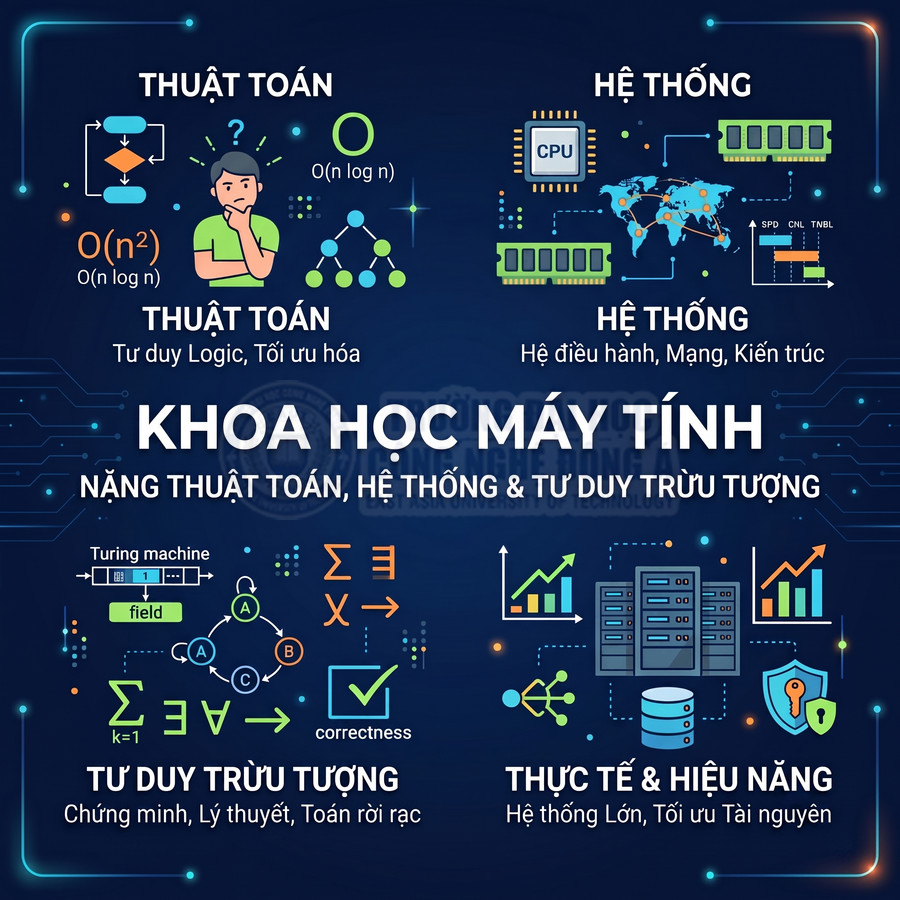 Infographic giới thiệu ngành khoa học máy tính với thuật toán, hệ thống, tư duy trừu tượng và tối ưu hiệu năng