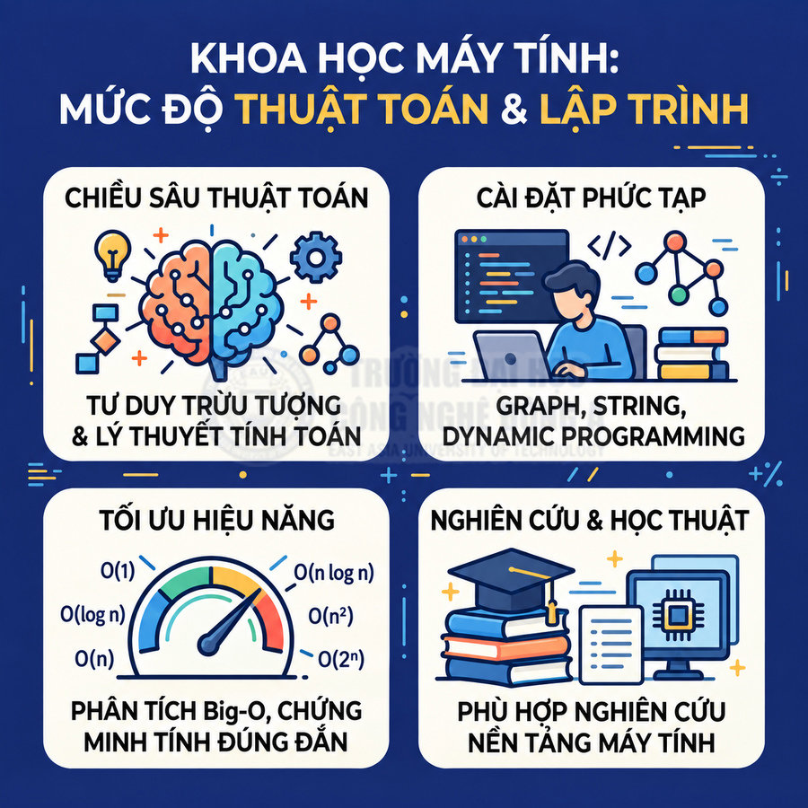 Infographic khoa học máy tính về thuật toán, lập trình, tối ưu hiệu năng và nghiên cứu học thuật