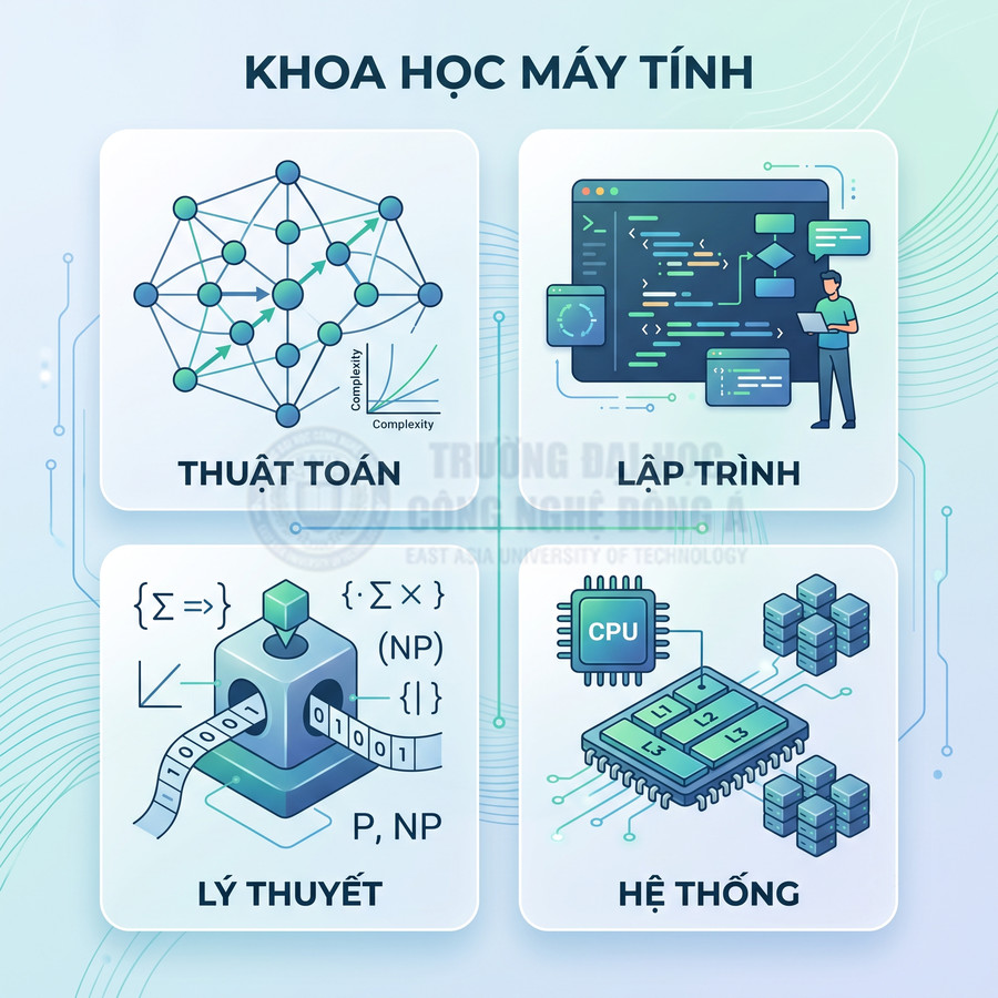 Minh họa các mảng thuật toán, lập trình, lý thuyết và hệ thống trong ngành khoa học máy tính